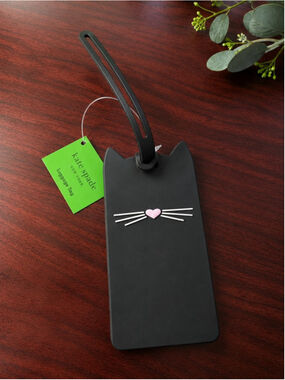 Kate Spade Cat Luggage Tag Black Pink Heart Whiskers NWT